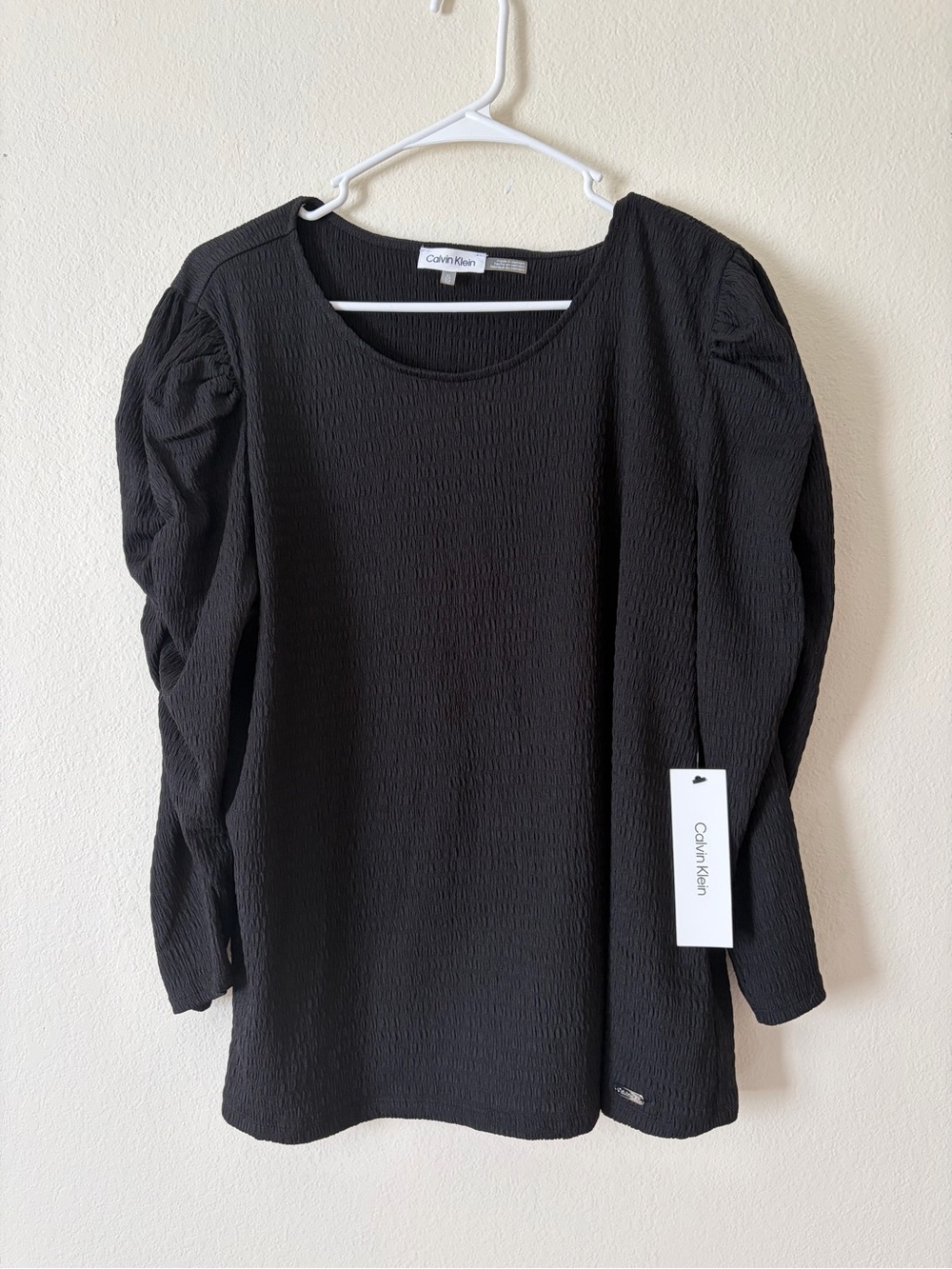 Calvin Klein Black Textured Puff-Sleeve Blouse XL Women Smock Shirt